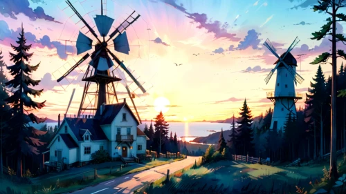 the windmills,windmills,windmill,oktoberfest background,butka,dusk background,highstein,windpump,aurora village,houses silhouette,wind mill,dreamlands,township,summer evening,landscape background,rivertown,wind mills,old windmill,wonderland,croft,Anime,Anime,Traditional