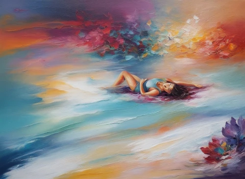 girl lying on the grass,falling flowers,mermaid background,oil painting on canvas,dream art,dreamscapes,woman laying down,girl on the river,underwater background,siren,fluidity,fallen colorful,boho art,oil painting,underwater landscape,siesta,floating on the river,colorful background,dreamscape,submerged,Illustration,Paper based,Paper Based 04
