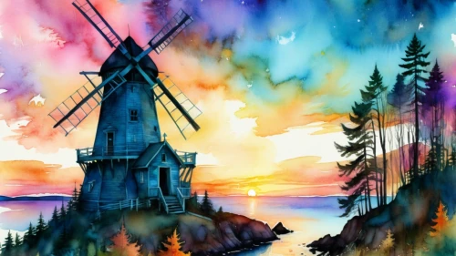 watercolor background,windmill,windmills,watercolor,the windmills,watercolor christmas background,fairy chimney,watercolor painting,old windmill,windpump,wind mill,landscape background,watercolor shops,watercolor cafe,unicorn background,fantasy landscape,watercolors,crayon background,watercolours,watercolor frame,Illustration,Realistic Fantasy,Realistic Fantasy 37