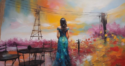 girl in a long dress,boho art,girl walking away,oil painting on canvas,art painting,woman at cafe,oil painting,woman walking,girl in a long dress from the back,kordic,woman hanging clothes,girl in a long,fabric painting,watercolor background,colorful background,boho art style,oil on canvas,bohemian art,jeanneney,watercolor cafe,Illustration,Paper based,Paper Based 04