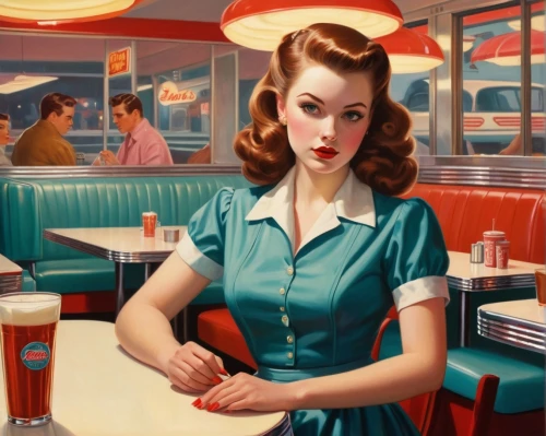 retro diner,fifties,50's style,retro pin up girl,diners,cigarette girl,woman at cafe,retro pin up girls,retro woman,retro women,soda fountain,luncheonette,currin,whitmore,retro girl,nighthawks,woman with ice-cream,waitress,soda shop,pin up girl,Conceptual Art,Daily,Daily 12