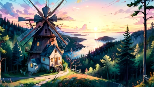windmill,fairy chimney,little house,windmills,home landscape,old windmill,the windmills,wind mill,house in the forest,landscape background,fairy house,small cabin,tepee,cottage,witch's house,summer cottage,teepees,wigwams,mountain settlement,cabane,Anime,Anime,Traditional