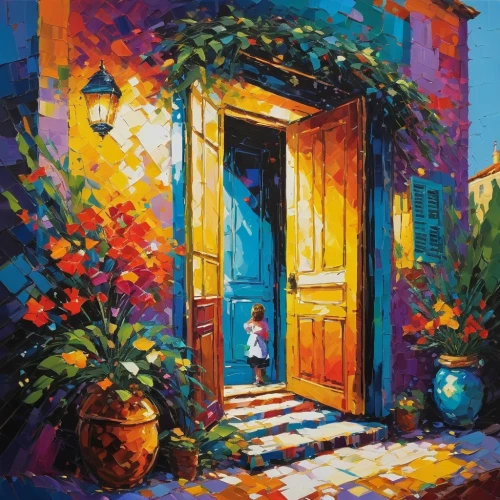 blue door,colorful light,vibrant color,italian painter,la violetta,the little girl's room,provence,colori,oil painting on canvas,martre,bohemian art,flower painting,doorsteps,oil painting,colorful city,color pencil,harmony of color,the threshold of the house,art painting,follieri,Conceptual Art,Oil color,Oil Color 07