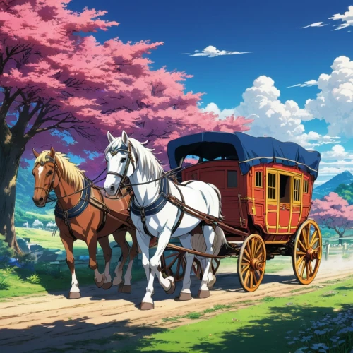 wooden carriage,horse carriage,horse-drawn carriage,horse drawn,carriage,horse drawn carriage,horsecars,horsecar,japanese sakura background,horse and cart,clannad,horse-drawn vehicle,flower cart,hisaishi,covered wagon,ghibli,carriage ride,wagonway,wagonlit,stagecoach,Illustration,Japanese style,Japanese Style 03