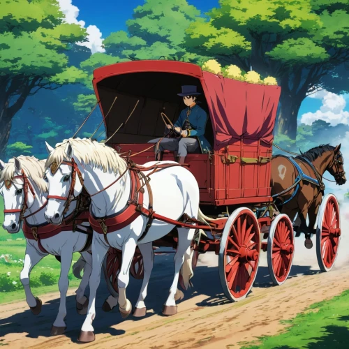 wooden carriage,wagonway,wooden wagon,circus wagons,horsecar,horsecars,stagecoaches,covered wagon,stagecoach,chuckwagon,wagonways,horse carriage,carrozza,wagonmaster,horse-drawn vehicle,horse-drawn carriage,carriage,old wagon train,clydesdales,wagonload,Illustration,Japanese style,Japanese Style 03