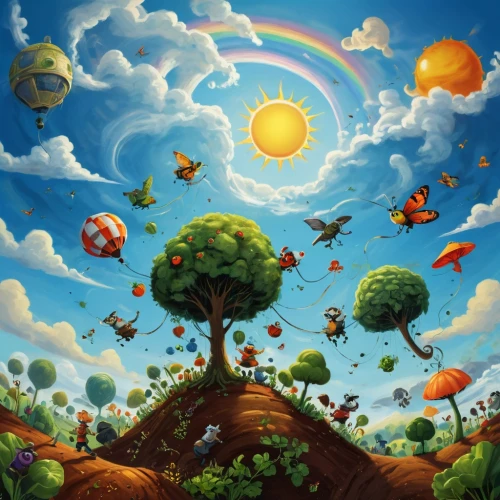 cartoon video game background,mushroom landscape,children's background,rainbow world map,zoombinis,rainbow background,fairy world,world digital painting,mobile video game vector background,flying seeds,pikmin,pot of gold background,fantasy picture,little world,bird kingdom,imaginationland,fantasy landscape,game illustration,nature background,locoroco,Conceptual Art,Fantasy,Fantasy 16