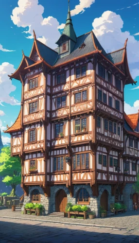 highstein,half-timbered house,ghibli,half-timbered houses,auberge,beautiful buildings,witthaus,machico,french building,hohenheim,bremen,half-timbered wall,apartment building,rouran,butka,apartment house,seborga,lockenhaus,pub,foliaki,Illustration,Japanese style,Japanese Style 03