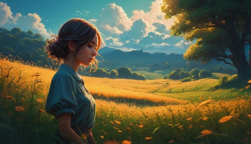 world digital painting,dandelion field,digital painting,landscape background,dandelion meadow,girl with tree,ghibli,blooming field,girl in flowers,children's background,girl picking flowers,summer evening,summer meadow,little girl in wind,idyllic,clover meadow,summer background,girl in the garden,meadow,studio ghibli,Photography,General,Fantasy