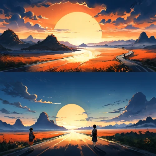 backgrounds,day and night,landscape background,journeys,world digital painting,cool backgrounds,background vector,background design,landscapes,journey,triptych,sceneries,horizons,lifecycles,the horizon,dusk background,panoramas,art background,parallel world,youtube background,Unique,Design,Character Design