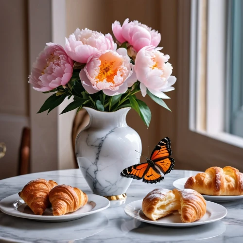 pastries,mini croissants,kanelbullar,easter pastries,teacup arrangement,sweet pastries,tea flowers,croissants,easter décor,still life of spring,madeleines,moniquet,breakfast table,pasteleria,gougeres,floral with cappuccino,kanellos,garden breakfast,orange roses,patisserie,Photography,General,Realistic