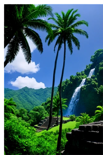 tropical forest,nature background,tropical island,landscape background,green waterfall,tropical jungle,hawaii,hawai,tropical greens,rainforests,yunque,waterfalls,neotropical,cartoon video game background,background view nature,tropics,mountainous landscape,natural scenery,tahiti,rain forest,Illustration,Realistic Fantasy,Realistic Fantasy 32