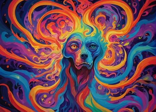 color dogs,kelpie,vizsla,dog illustration,indian dog,rafiki,ayahuasca,barkus,psychedelic,barghuti,aura,doberman,dog drawing,dog,paisley digital background,howling wolf,colorful doodle,kaleidoscope art,parvo,psychedelia,Conceptual Art,Oil color,Oil Color 23