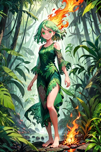 gumi,tiki,forest dragon,kupala,dryad,fae,fire background,yuuka,keine,monstera,titania,haku,forest fire,enkidu,quetzal,ranka,yggdrasil,firedancer,sylvan,rusalka,Anime,Anime,General