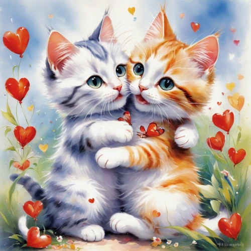 heart clipart,cat lovers,cat love,sweethearts,valentine clip art,cute cartoon image,love for animals,kittens,cute animals,love couple,cute cat,valentine's day clip art,mignons,mignon,two cats,two hearts,tabbies,sweeties,puffy hearts,couple in love,Conceptual Art,Oil color,Oil Color 03