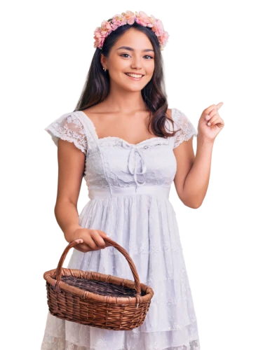 pilipina,milkmaid,guelaguetza,wicker basket,flowers in basket,marshallese,micronesian,florinda,basket wicker,hermia,flower basket,micronesians,dirndl,filipiniana,vintage lavender background,polynesian girl,eloida,laundress,salvadorean,antique background,Illustration,Realistic Fantasy,Realistic Fantasy 25