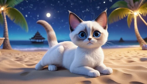 blue eyes cat,cartoon cat,cute cartoon character,cat with blue eyes,siamese cat,jayfeather,snowbell,cute cartoon image,alberty,madagascan,tonkinese,beach background,cute cat,windclan,sand fox,korin,moonan,bluestar,birman,white cat,Unique,3D,3D Character