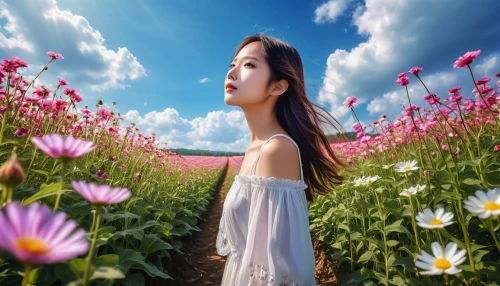 girl in flowers,flower background,flower field,field of flowers,beautiful girl with flowers,flowers field,blooming field,landscape background,nature background,sea of flowers,spring background,girl picking flowers,springtime background,flower garden,splendor of flowers,flower meadow,cosmos flower,background view nature,creative background,japanese floral background,Photography,General,Realistic