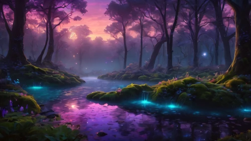 fantasy landscape,fairy forest,elven forest,purple landscape,enchanted forest,swamps,forest of dreams,fairytale forest,fantasy picture,fairy world,fairyland,forest landscape,forest glade,swampy landscape,cartoon video game background,mushroom landscape,foggy forest,wonderlands,dreamscape,elfland,Photography,General,Fantasy