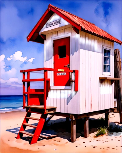 lifeguard tower,beach hut,fisherman's hut,beach huts,lifeguard,beach house,playhouses,seaside country,life guard,beachhouse,wooden hut,beach chair,boatshed,holiday home,seaside resort,outhouse,guardhouse,deckchair,red lighthouse,summer house,Illustration,Paper based,Paper Based 25