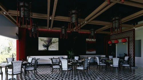 3d rendering,render,red lantern,renders,dining room,sketchup,3d render,teahouse,3d rendered,interior decoration,breakfast room,black bamboo,contemporary decor,interior modern design,derivable,interior decor,japanese restaurant,cochere,vietnamese cuisine,coffered