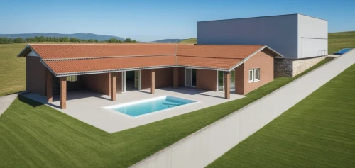 pool house,modern house,passivhaus,3d rendering,sketchup,dug-out pool,modern architecture,revit,roof landscape,associati,archidaily,residential house,grass roof,architettura,corten steel,swimming pool,private house,folding roof,homebuilding,holiday villa,Photography,General,Realistic