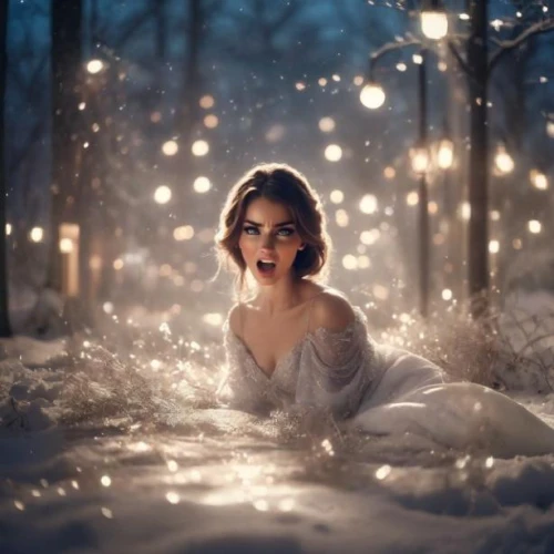 the snow queen,winter magic,winter dream,snow angel,winter night,white rose snow queen,fairy lights,night snow,twinkly,lights serenade,silent night,white winter dress,faery,ballerina in the woods,enchantment,winter light,snowfall,midnight snow,enchanting,snowfalls