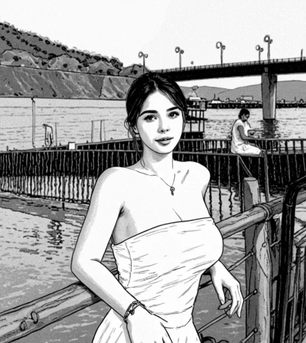 girl on the river,girl on the boat,boardwalk,on the pier,rotoscoped,comic halftone woman,rotoscope,boardwalks,rishikesh,board walk,rotoscoping,docks,sonatine,wooden pier,muelle,gangloff,comic style,ferryboat,carquinez,stiltsville,Design Sketch,Design Sketch,Black and white Comic