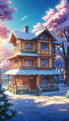 sakura background,japanese sakura background,sakura tree,winter house,sakura trees,cold cherry blossoms,clannad,wooden house,sakura branch,dreamhouse,hanami,sakura blossoms,apartment house,house in the mountains,sakura cherry tree,teahouse,winter background,lonely house,the cherry blossoms,beautiful home,Illustration,Japanese style,Japanese Style 03