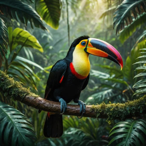 toucan perched on a branch,toco toucan,perched toucan,toucan,black toucan,yellow throated toucan,brown back-toucan,chestnut-billed toucan,keel-billed toucan,keel billed toucan,pteroglossus aracari,tucan,swainson tucan,pteroglosus aracari,toucans,tropical bird,tropical bird climber,tropical birds,tucano,neotropical,Photography,General,Fantasy