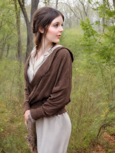 ballerina in the woods,shepherdess,northanger,wood elf,farmer in the woods,nissa,ardently,faerie,girl in a long dress,kirtle,brown fabric,countrywoman,country dress,lughnasa,countrywomen,joan of arc,madding,a floor-length dress,unthanks,elvish,Photography,Realistic