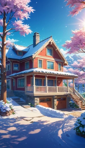 winter house,sakura background,winter background,butka,beautiful home,snow roof,dreamhouse,japanese sakura background,house in the mountains,summer cottage,snow scene,wooden house,house in mountains,sylvania,home landscape,beautiful wallpaper,country house,little house,lonely house,snowy landscape,Illustration,Japanese style,Japanese Style 03
