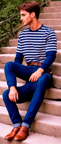 horizontal stripes,man on a bench,jeans background,aljaz,stairs,icon steps,photo shoot with edit,wooden bench,denim background,steps,kostas,stripes,men's wear,stair,nautical,young model istanbul,spanish steps,lumberjax,bluejeans,escaleras,Illustration,American Style,American Style 01