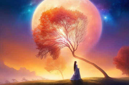 fantasy picture,lone tree,magic tree,fantasy landscape,world digital painting,lonetree,tree of life,colorful tree of life,mother earth,moon and star background,yggdrasil,gallifrey,tangerine tree,blue moon rose,red tree,dreamscape,isolated tree,dreamscapes,burning tree trunk,dream world,Illustration,Realistic Fantasy,Realistic Fantasy 01