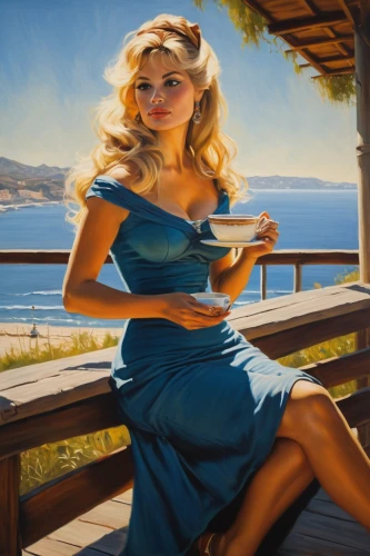 woman drinking coffee,woman at cafe,blonde woman,woman with ice-cream,blonde woman reading a newspaper,pin-up girl,connie stevens - female,world digital painting,girl with cereal bowl,retro pin up girl,bluestocking,woman holding pie,woman eating apple,donsky,italian painter,margaery,photo painting,pin up girl,art painting,godward,Conceptual Art,Sci-Fi,Sci-Fi 20