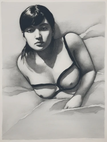 woman on bed,wesselmann,botero,girl in bed,charcoal drawing,woman laying down,charcoal,odalisque,charcoal pencil,girl with cloth,doona,biblis,fischl,bedsheet,nomellini,bedspread,woman sitting,pettibon,kitaj,bedsheets,Illustration,Black and White,Black and White 26