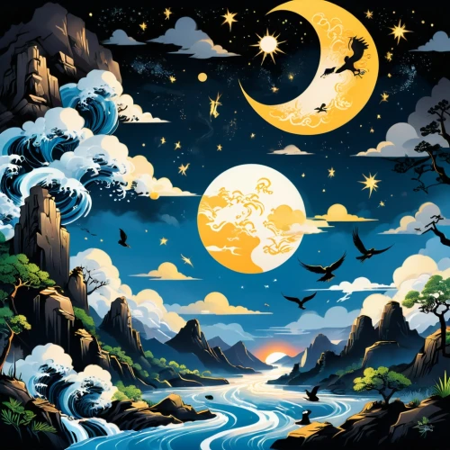 moon and star background,lunar landscape,moonlit night,moonscapes,cartoon video game background,moonlit,night scene,moonrise,moon night,moonscape,landscape background,moonlight,starry night,background vector,moons,mountain scene,moon at night,moon valley,night sky,digital background,Unique,Design,Sticker