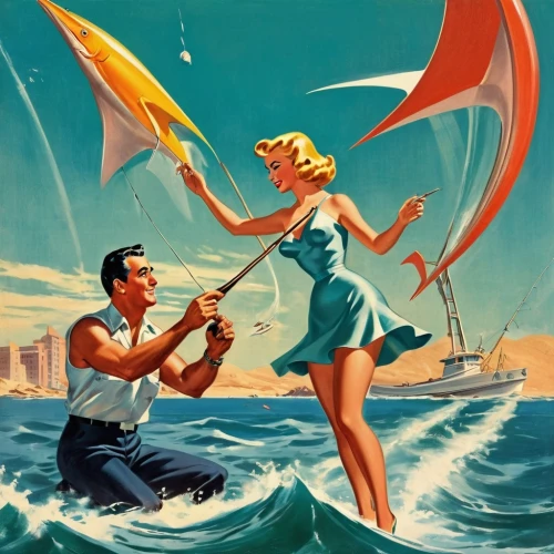 radebaugh,kite surfing,wind surfing,vintage illustration,fly a kite,travel poster,surfaris,kitesurfing,retro 1950's clip art,windsurfing,italian poster,kitesurfer,atomic age,valentine day's pin up,film poster,windsurfers,vintage art,windsurf,atlanticism,thunderball,Illustration,Retro,Retro 12