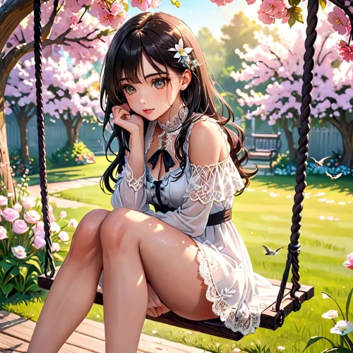 spring background,springtime background,garden swing,japanese sakura background,kurumi,girl in flowers,jurata,flower background,girl in the garden,spring blossoms,tifa,cherry blossoms,beautiful girl with flowers,falling flowers,in the garden,bloomie,parasol,sitting on a chair,bns,in the spring,Anime,Anime,General