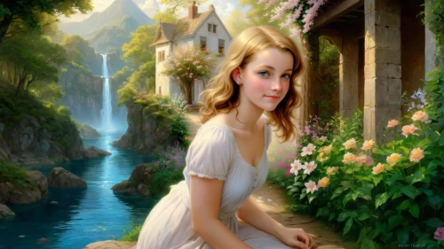 fantasy picture,girl on the river,landscape background,aerith,girl in the garden,the blonde in the river,fantasy art,nature background,celtic woman,fairyland,ninfa,faerie,girl in flowers,background view nature,secret garden of venus,fairy tale character,photo painting,spring background,springtime background,lorien