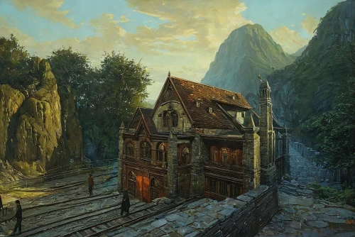 house in mountains,mountain settlement,house in the mountains,riftwar,mountain village,alpine village,the cabin in the mountains,house in the forest,lonely house,rivendell,nargothrond,ancient house,lankhmar,fantasy picture,fisherman's house,village scene,witch's house,escher village,house with lake,knight village,Conceptual Art,Fantasy,Fantasy 15
