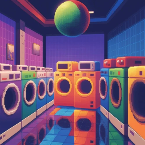 laundromat,boomboxes,spaceland,laundromats,washing machines,laundry,launderette,dryers,spaceship interior,ufo interior,dryer,washing machine,laundry shop,gamecube,playing room,laundries,shader,3d background,kids room,abstract retro,Unique,Pixel,Pixel 01