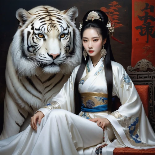 oriental painting,oriental princess,hanfu,asian tiger,white tiger,sanxia,miao,oriental girl,daiyu,yunxia,oriental,arhats,goryeo,geiko,wenhao,japanese art,royal tiger,concubine,yanzhao,sizhao,Illustration,Realistic Fantasy,Realistic Fantasy 16