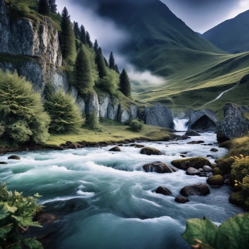 mountain stream,fantasy landscape,river landscape,nature wallpaper,landscape background,mountain river,alpine landscape,nature landscape,beautiful landscape,mountain landscape,nature background,landscapes beautiful,landscape nature,mountainous landscape,fantasy picture,landscape mountains alps,natural scenery,gondolin,green landscape,mountain spring,Photography,General,Fantasy