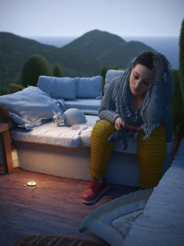 3d render,demobilised,girl sitting,dreamfall,3d rendered,downtime,coraline,render,relaxed young girl,cinematic,cinematics,sfm,demobilising,woman on bed,girl studying,sofaer,sofa,sansar,serene,summer evening,Photography,Artistic Photography,Artistic Photography 11