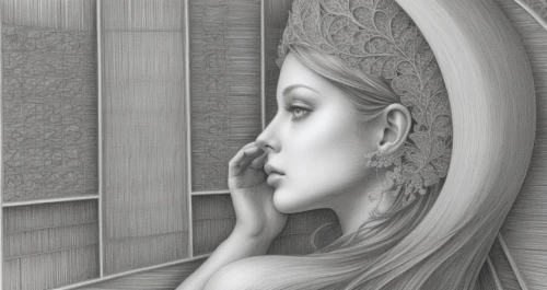 woman thinking,art deco woman,pencil drawings,mirifica,charcoal drawing,mystical portrait of a girl,the mirror,silverpoint,girl drawing,girl in a long,grisaille,graphite,looking glass,book illustration,the angel with the veronica veil,decorative figure,wistful,isolde,pencil drawing,pencil and paper,Illustration,Black and White,Black and White 30