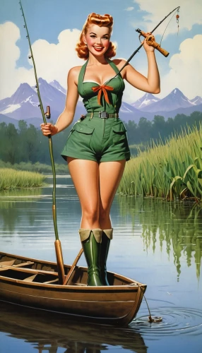 fisherwoman,radebaugh,maureen o'hara - female,pin-up model,pescador,pin-up girl,paddler,girl on the river,teela,fishing,flyfishing,retro pin up girl,the blonde in the river,fishing classes,giganta,girl on the boat,go fishing,fishing gear,pin up girl,fishing camping,Conceptual Art,Fantasy,Fantasy 04