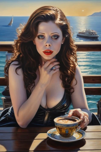 woman drinking coffee,woman at cafe,girl on the boat,woman with ice-cream,coffee background,girl with cereal bowl,yachtswoman,coffee tea illustration,café au lait,woman eating apple,world digital painting,the sea maid,duchesse,espresso,french coffee,romantic portrait,tretchikoff,amphitrite,caffee,cigarette girl,Conceptual Art,Sci-Fi,Sci-Fi 13