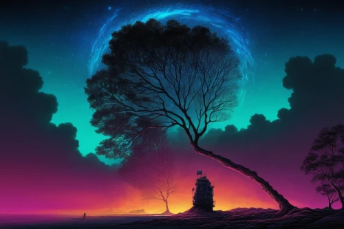 silhouette art,isolated tree,tree silhouette,magic tree,fantasy picture,lone tree,beautiful wallpaper,fantasy landscape,silhouette,art silhouette,old tree silhouette,landscape background,dusk background,house silhouette,night sky,dreamscape,world digital painting,moon and star background,the night sky,art background,Illustration,Realistic Fantasy,Realistic Fantasy 25