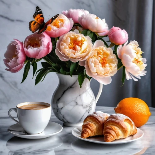 floral with cappuccino,teacup arrangement,tea flowers,café au lait,still life of spring,orange tulips,still life photography,pastries,orange roses,cup and saucer,benedictions,clivia,fika,sweet pastries,parisian coffee,cappuccini,afternoon tea,tulip bouquet,tulip background,margriet,Photography,General,Realistic