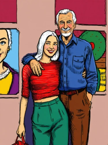 elderly couple,grandparents,mother and grandparents,old couple,excelsiors,pop art people,polygyny,senderens,abuelo,famiglia,grandpas,casados,pop art background,parents,peranakans,inlaws,excelsior,digital drawing,familia,generaciones,Illustration,American Style,American Style 13